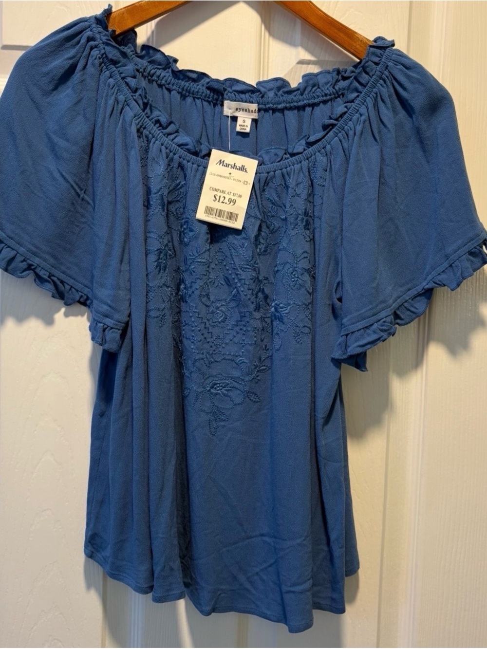 Eyeshadow Blue Floral Embroidered Peasant Top